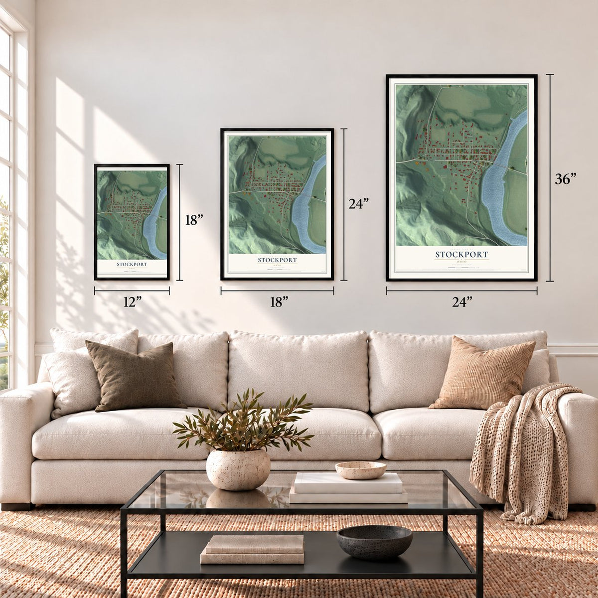 Stockport, Ohio map in 12 x 18, 18 x 24 and 24 x 36 inch sizes above a sofa