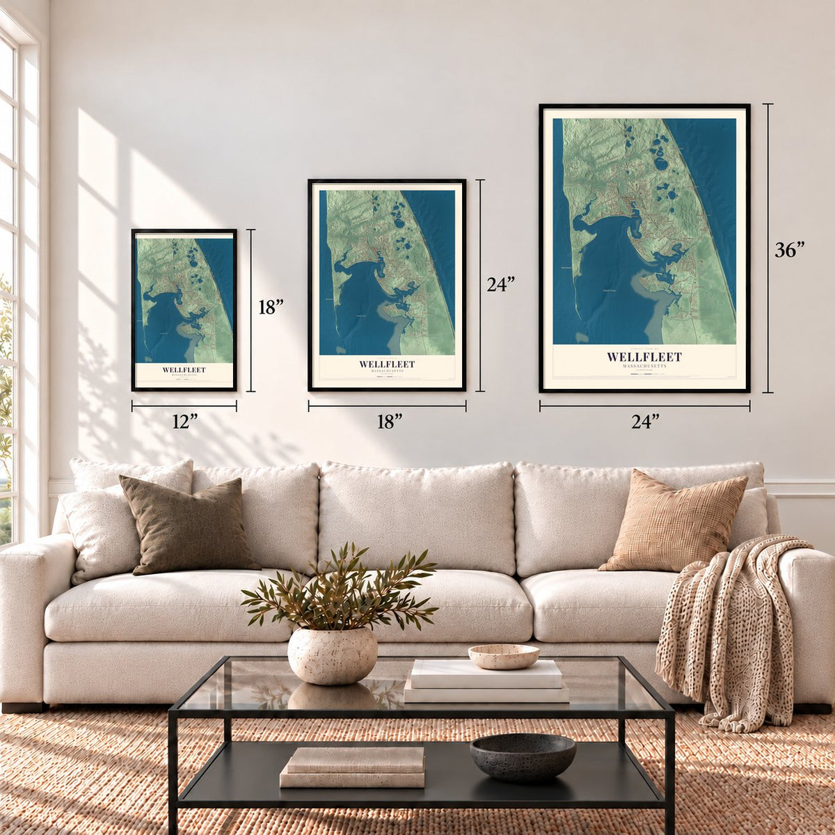Wellfleet, Massachusetts map in 12 x 18, 18 x 24 and 24 x 36 inch sizes above a sofa