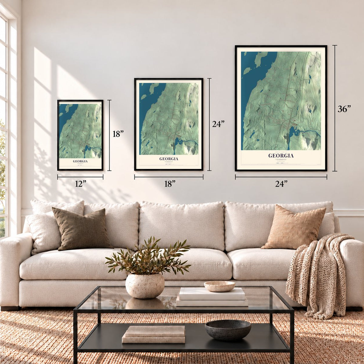Georgia, Vermont map in 12 x 18, 18 x 24 and 24 x 36 inch sizes above a sofa