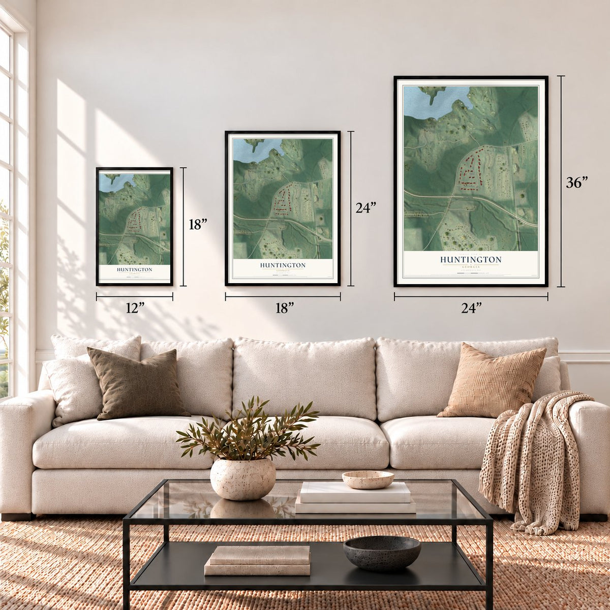 Huntington, Georgia map in 12 x 18, 18 x 24 and 24 x 36 inch sizes above a sofa