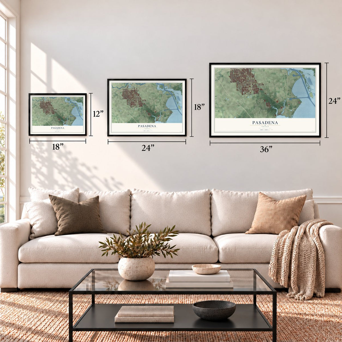 Pasadena, Texas map in 12 x 18, 18 x 24 and 24 x 36 inch sizes above a sofa