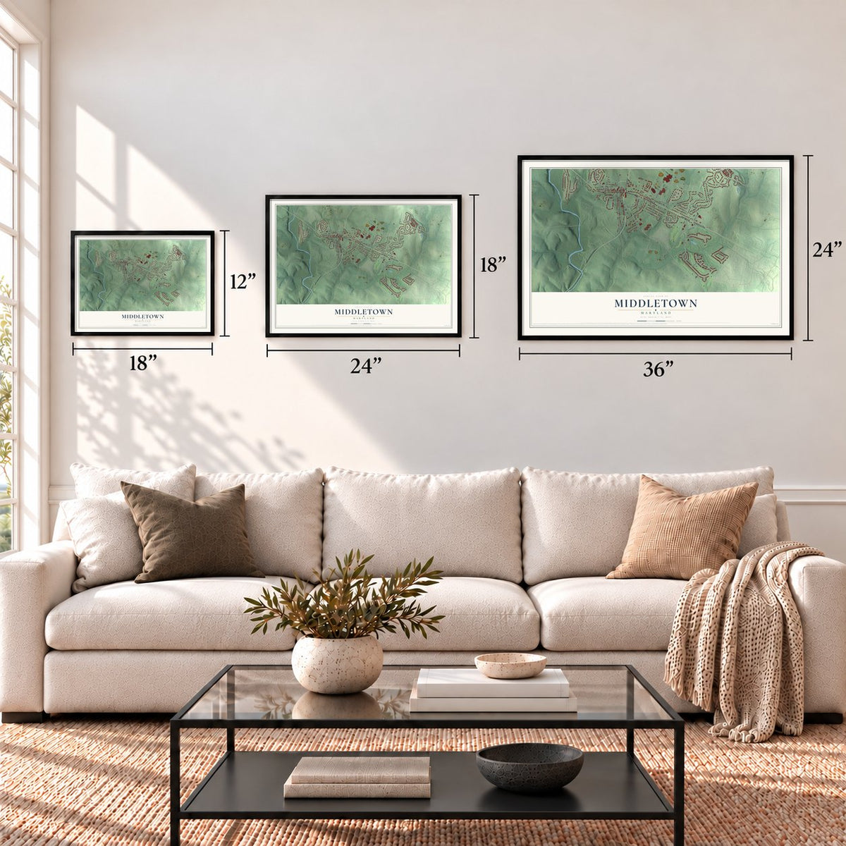 Middletown, Maryland map in 12 x 18, 18 x 24 and 24 x 36 inch sizes above a sofa