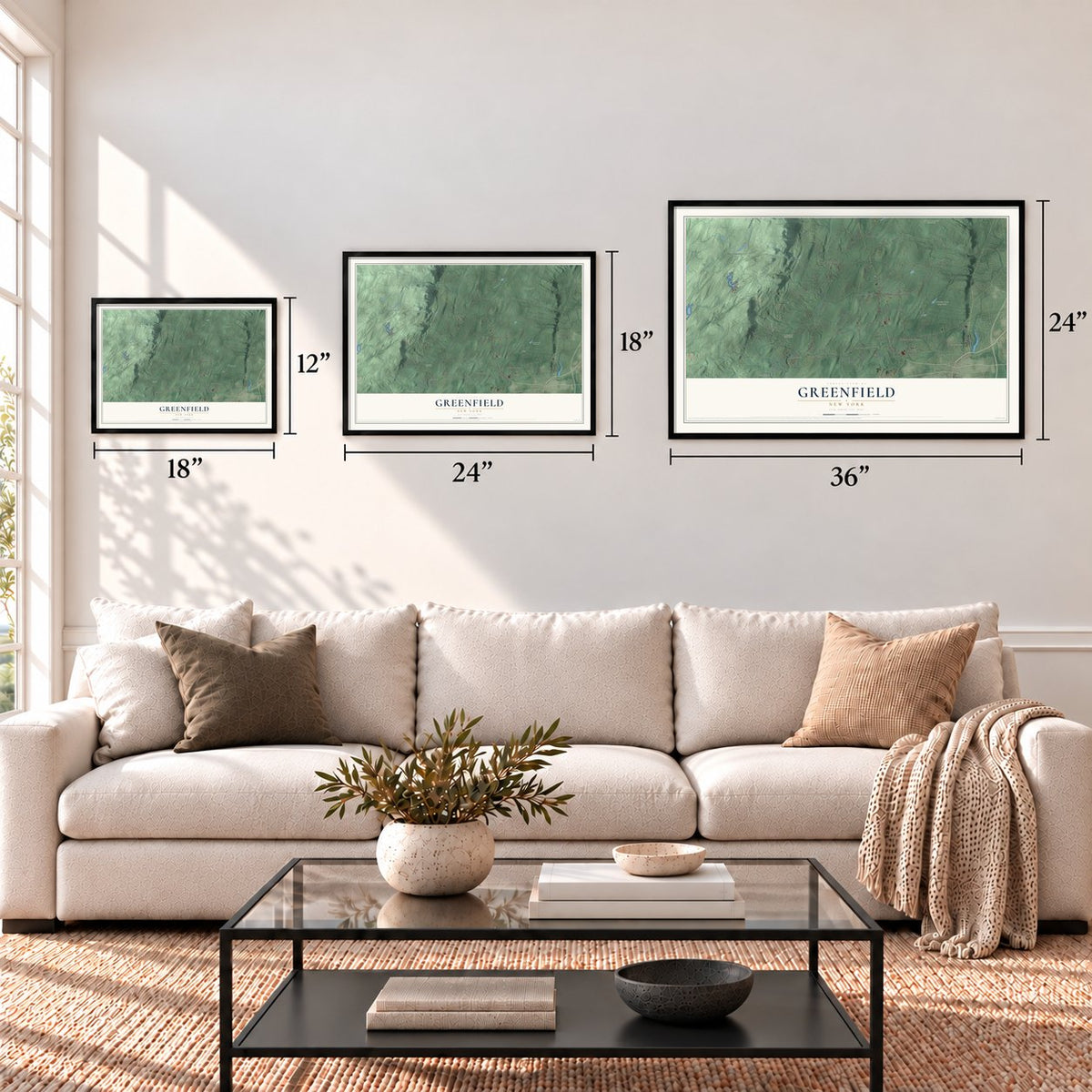 Greenfield, New York map in 12 x 18, 18 x 24 and 24 x 36 inch sizes above a sofa