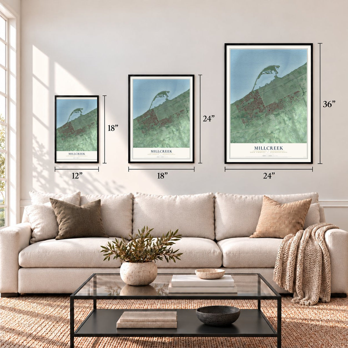 Millcreek, Erie County, Pennsylvania map in 12 x 18, 18 x 24 and 24 x 36 inch sizes above a sofa