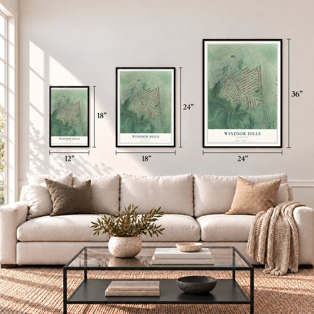 Windsor Hills, Maryland map in 12 x 18, 18 x 24 and 24 x 36 inch sizes above a sofa