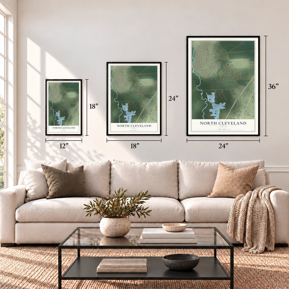 North Cleveland, Texas map in 12 x 18, 18 x 24 and 24 x 36 inch sizes above a sofa