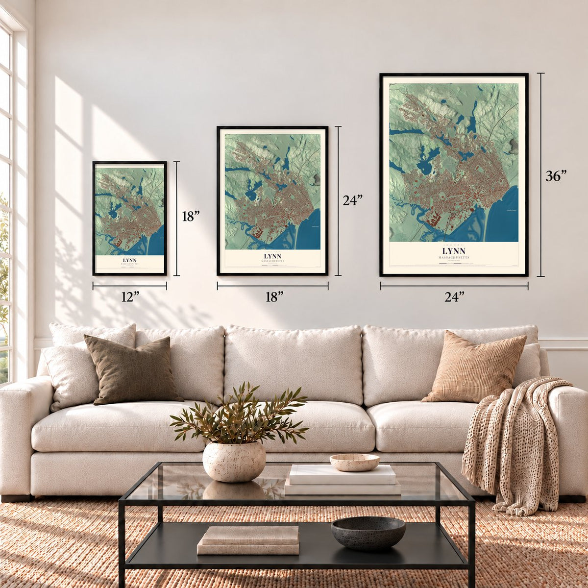 Lynn, Massachusetts map in 12 x 18, 18 x 24 and 24 x 36 inch sizes above a sofa