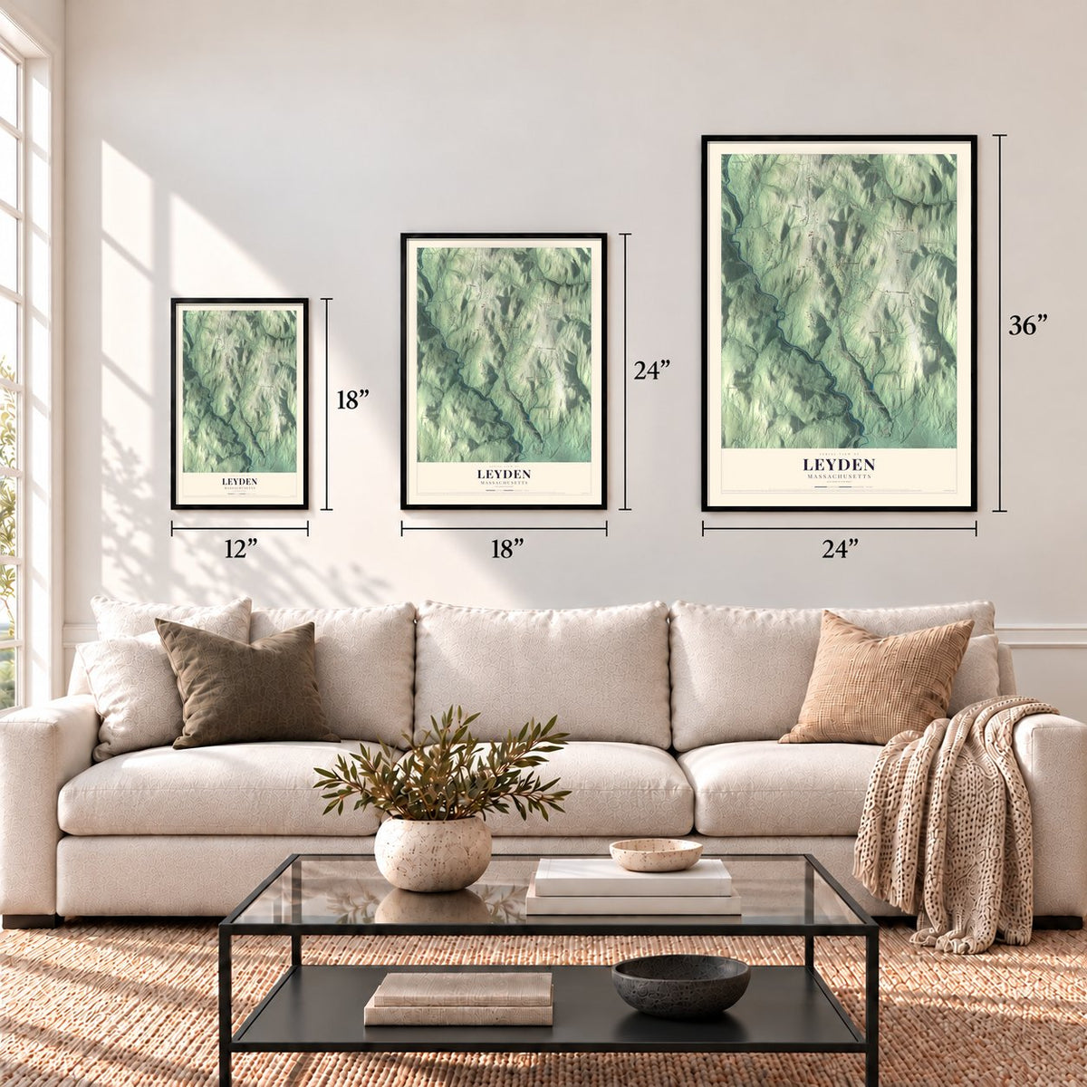 Leyden, Massachusetts map in 12 x 18, 18 x 24 and 24 x 36 inch sizes above a sofa