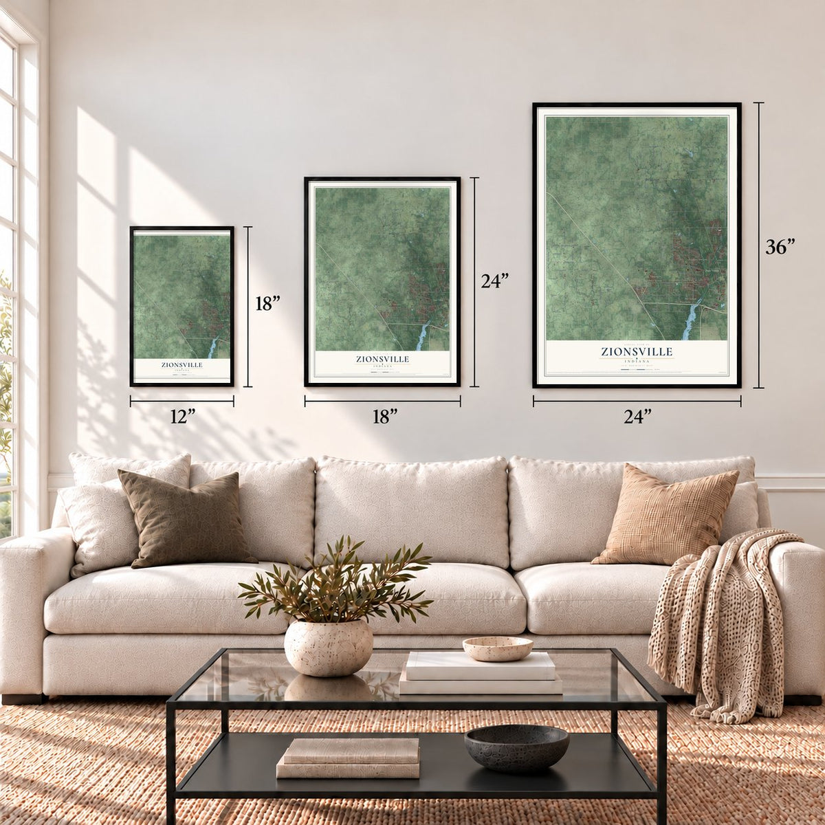 Zionsville, Indiana map in 12 x 18, 18 x 24 and 24 x 36 inch sizes above a sofa