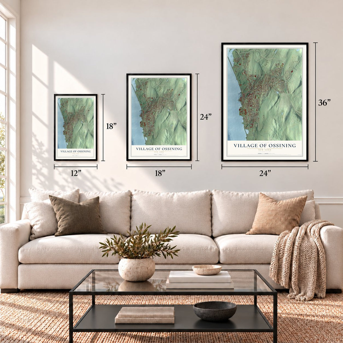 Village of Ossining, New York map in 12 x 18, 18 x 24 and 24 x 36 inch sizes above a sofa