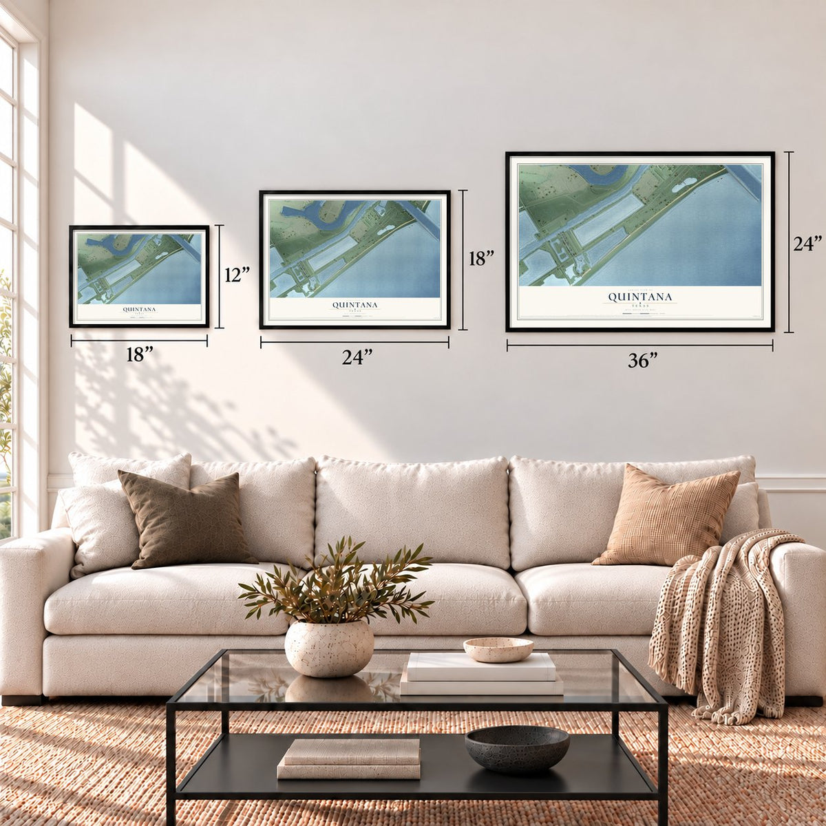 Quintana, Texas map in 12 x 18, 18 x 24 and 24 x 36 inch sizes above a sofa