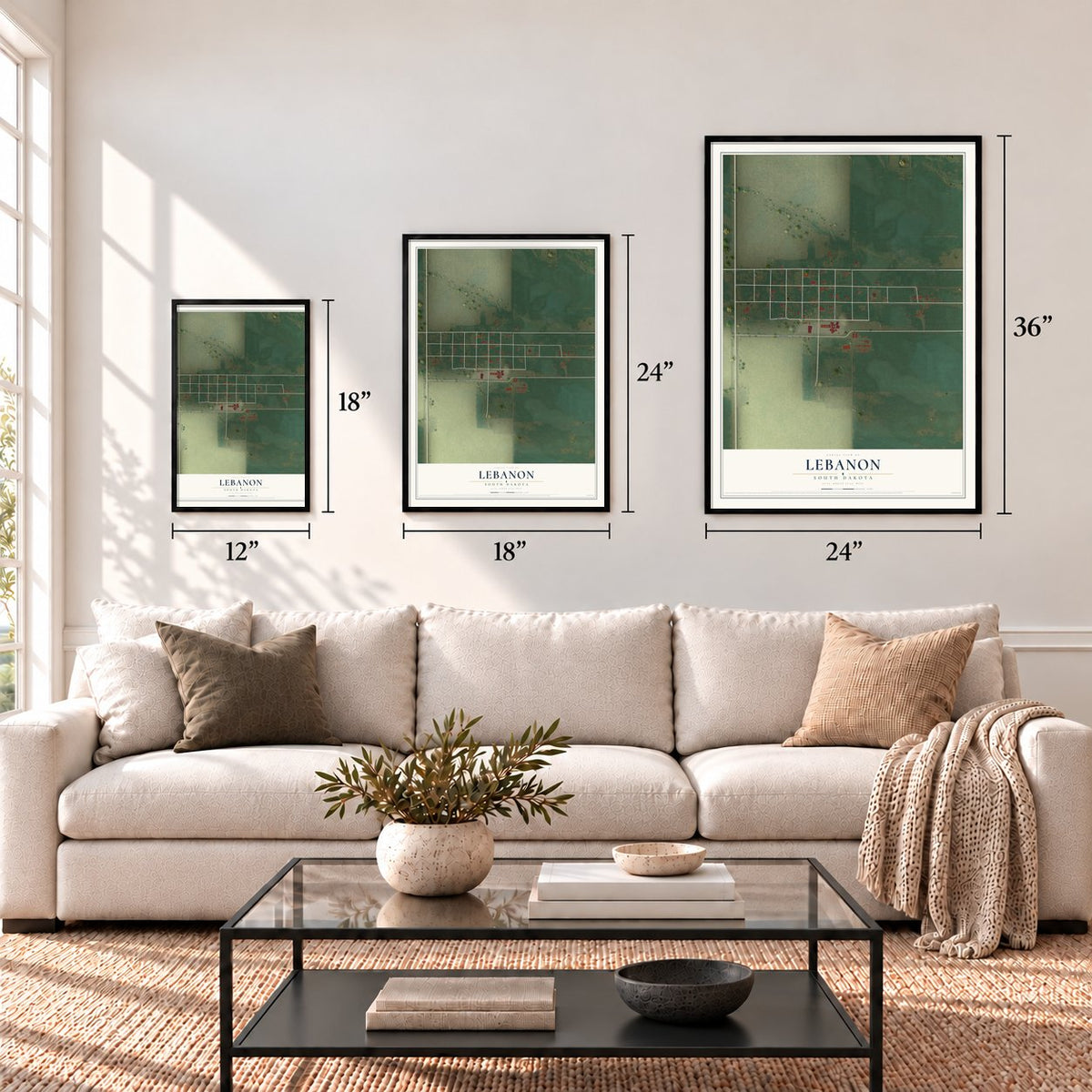 Lebanon, South Dakota map in 12 x 18, 18 x 24 and 24 x 36 inch sizes above a sofa