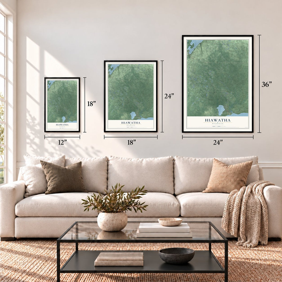 Hiawatha, Michigan map in 12 x 18, 18 x 24 and 24 x 36 inch sizes above a sofa