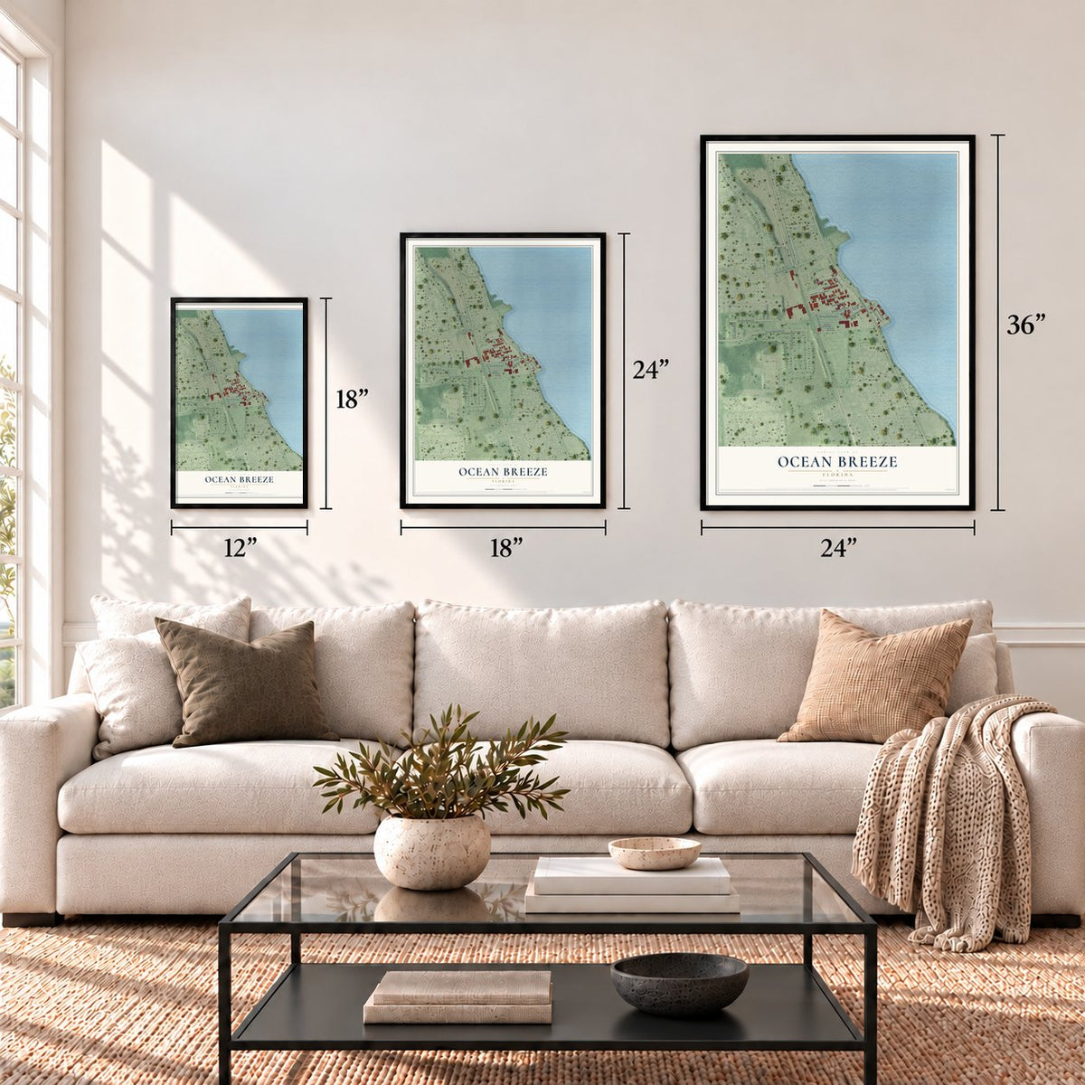 Ocean Breeze, Florida map in 12 x 18, 18 x 24 and 24 x 36 inch sizes above a sofa