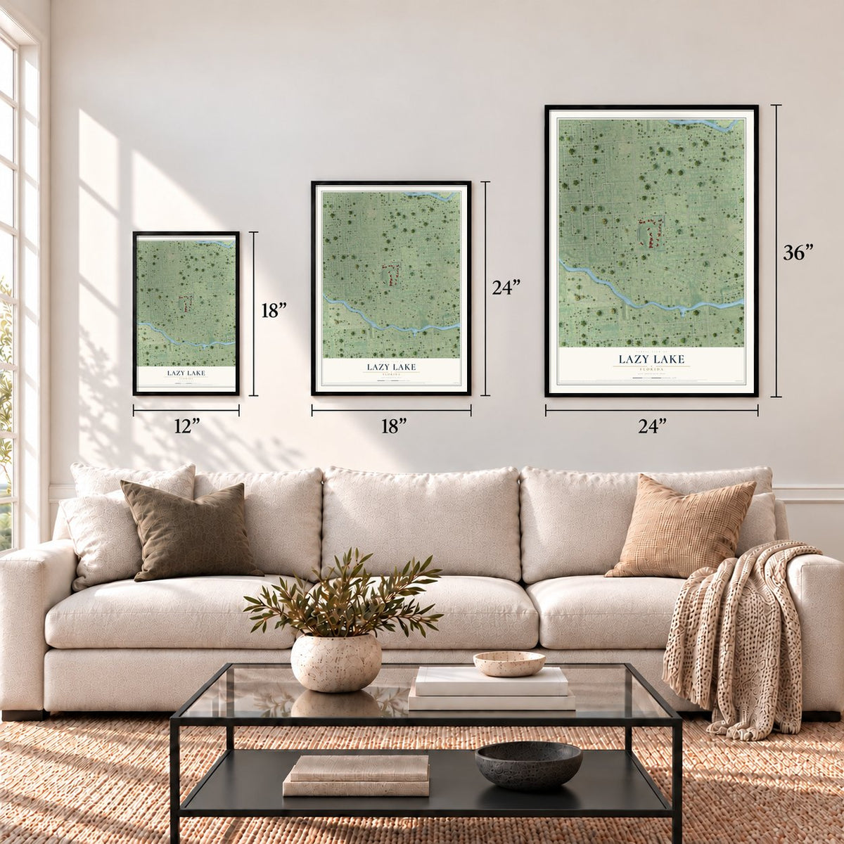 Lazy Lake, Florida map in 12 x 18, 18 x 24 and 24 x 36 inch sizes above a sofa