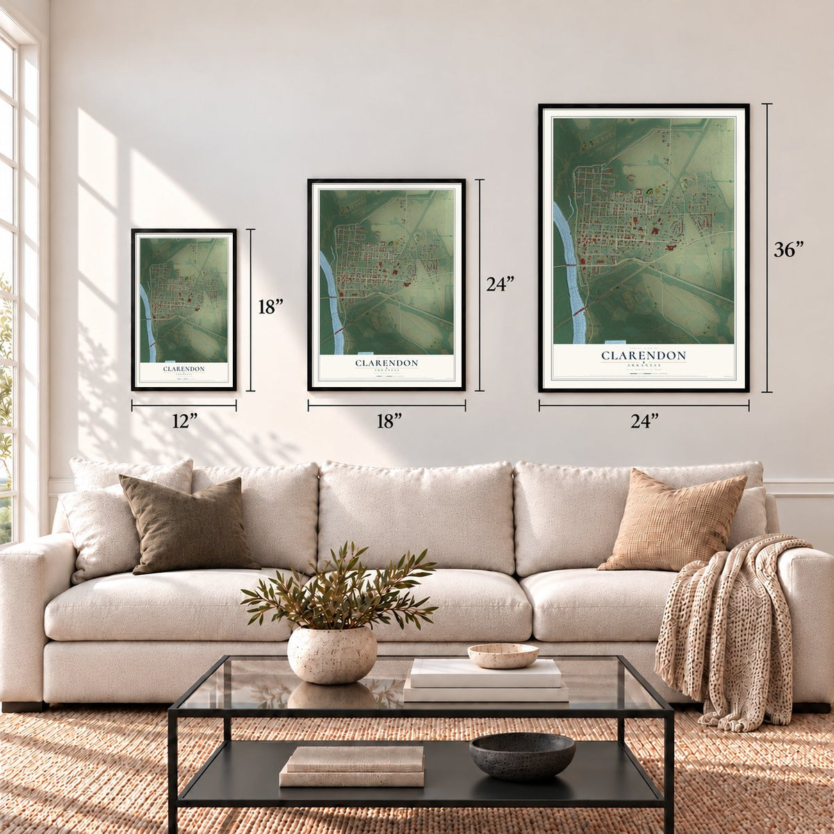 Clarendon, Arkansas map in 12 x 18, 18 x 24 and 24 x 36 inch sizes above a sofa