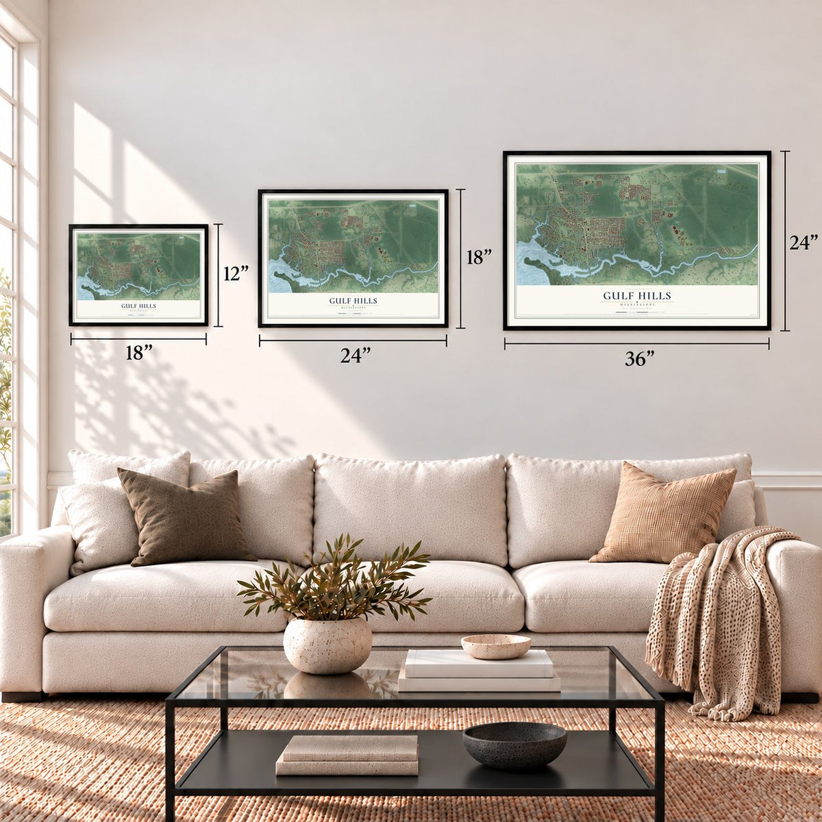 Gulf Hills, Mississippi map in 12 x 18, 18 x 24 and 24 x 36 inch sizes above a sofa