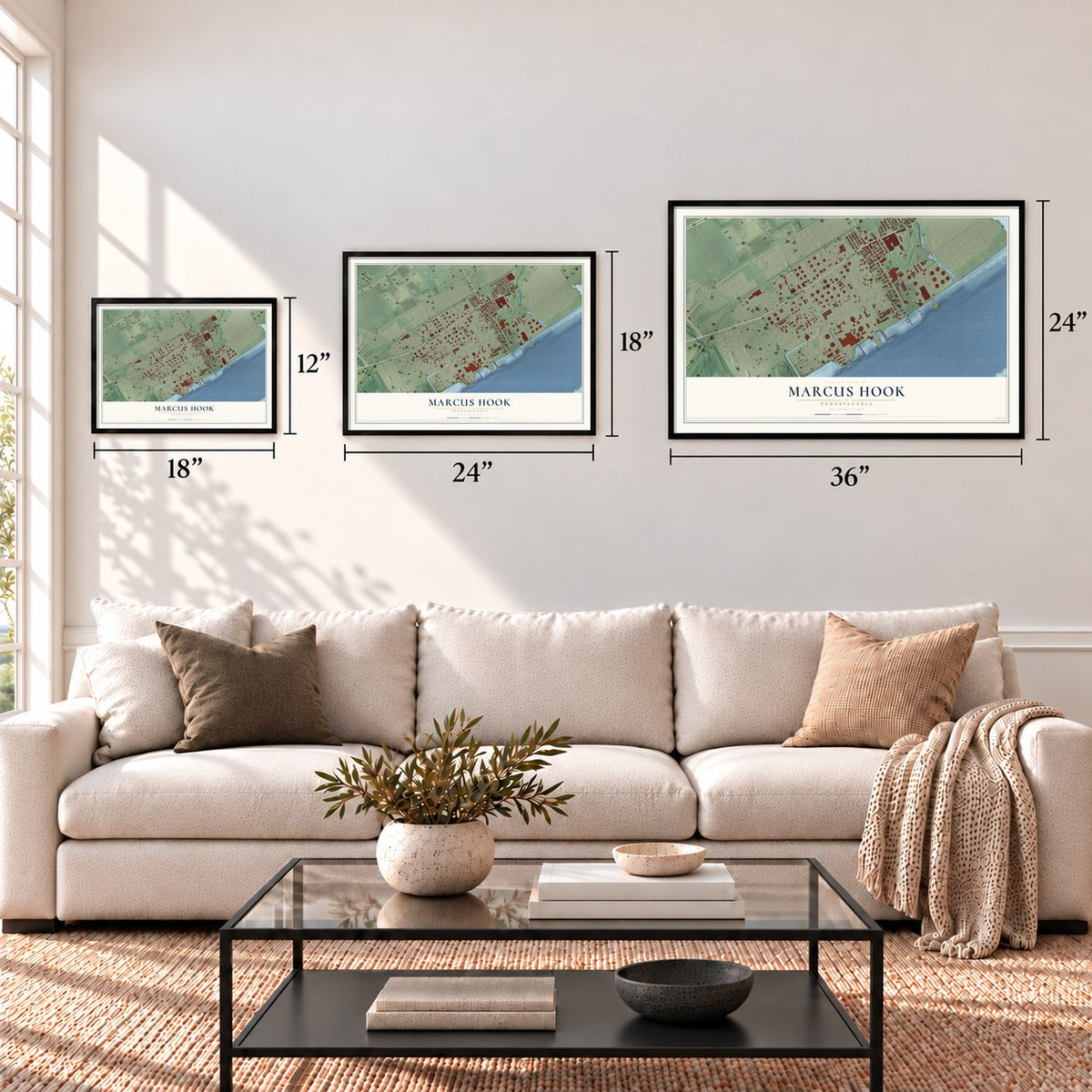 Marcus Hook, Pennsylvania map in 12 x 18, 18 x 24 and 24 x 36 inch sizes above a sofa