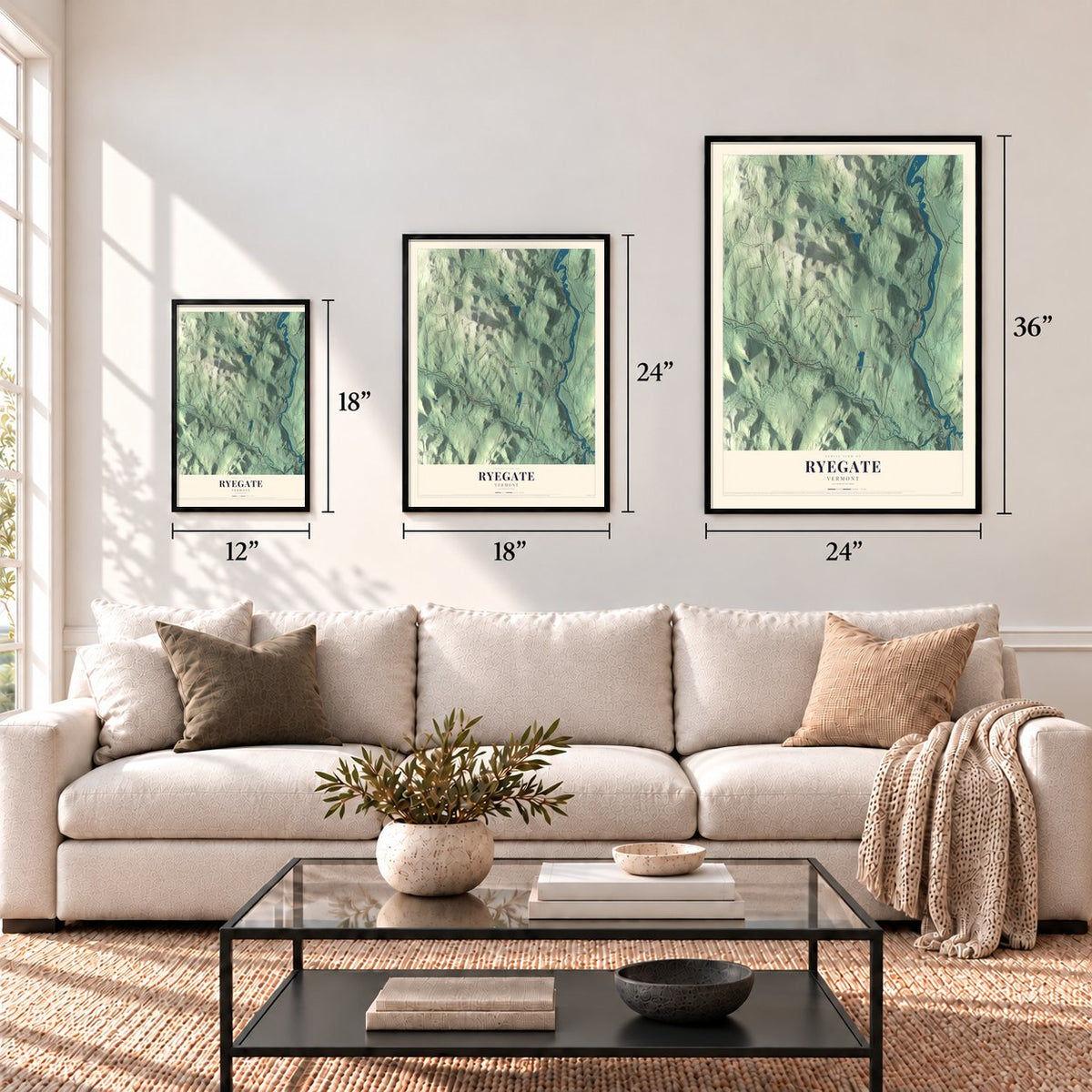 Ryegate, Vermont map in 12 x 18, 18 x 24 and 24 x 36 inch sizes above a sofa