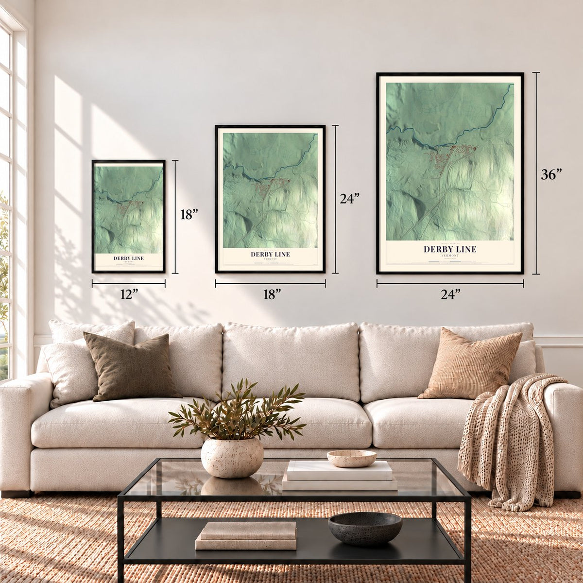 Derby Line, Vermont map in 12 x 18, 18 x 24 and 24 x 36 inch sizes above a sofa