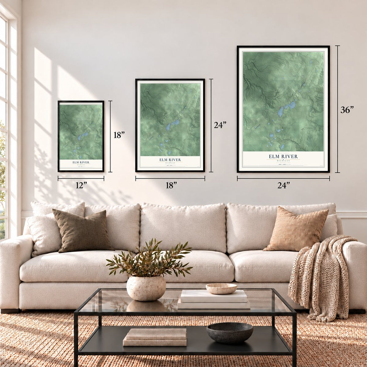 Elm River, Michigan map in 12 x 18, 18 x 24 and 24 x 36 inch sizes above a sofa