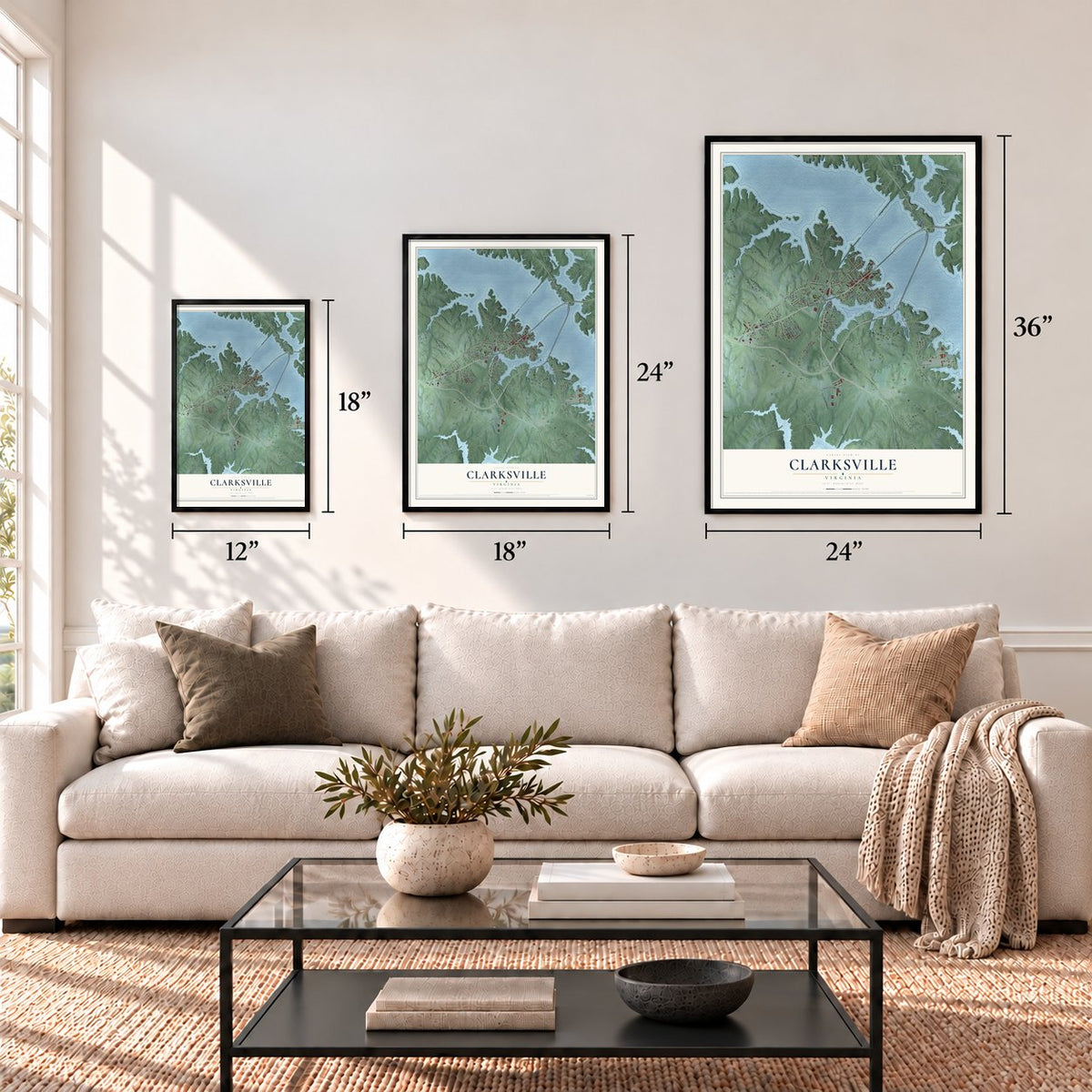 Clarksville, Virginia map in 12 x 18, 18 x 24 and 24 x 36 inch sizes above a sofa