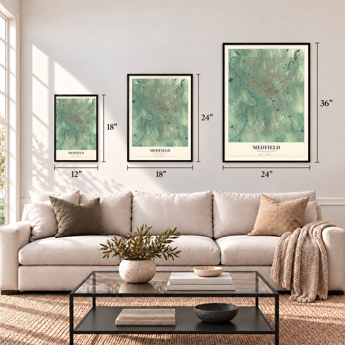 Medfield, Massachusetts map in 12 x 18, 18 x 24 and 24 x 36 inch sizes above a sofa