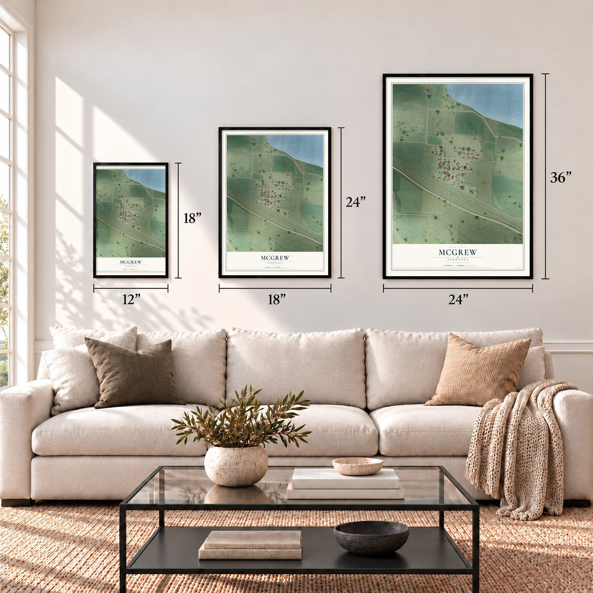 McGrew, Nebraska map in 12 x 18, 18 x 24 and 24 x 36 inch sizes above a sofa