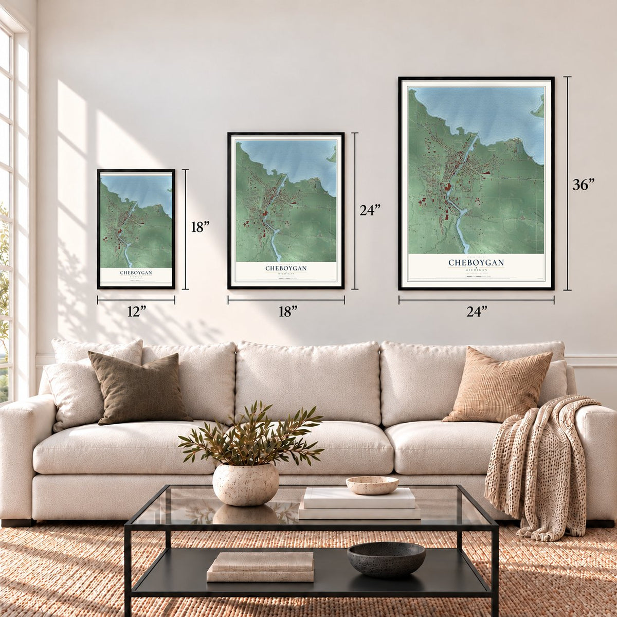 Cheboygan, Michigan map in 12 x 18, 18 x 24 and 24 x 36 inch sizes above a sofa