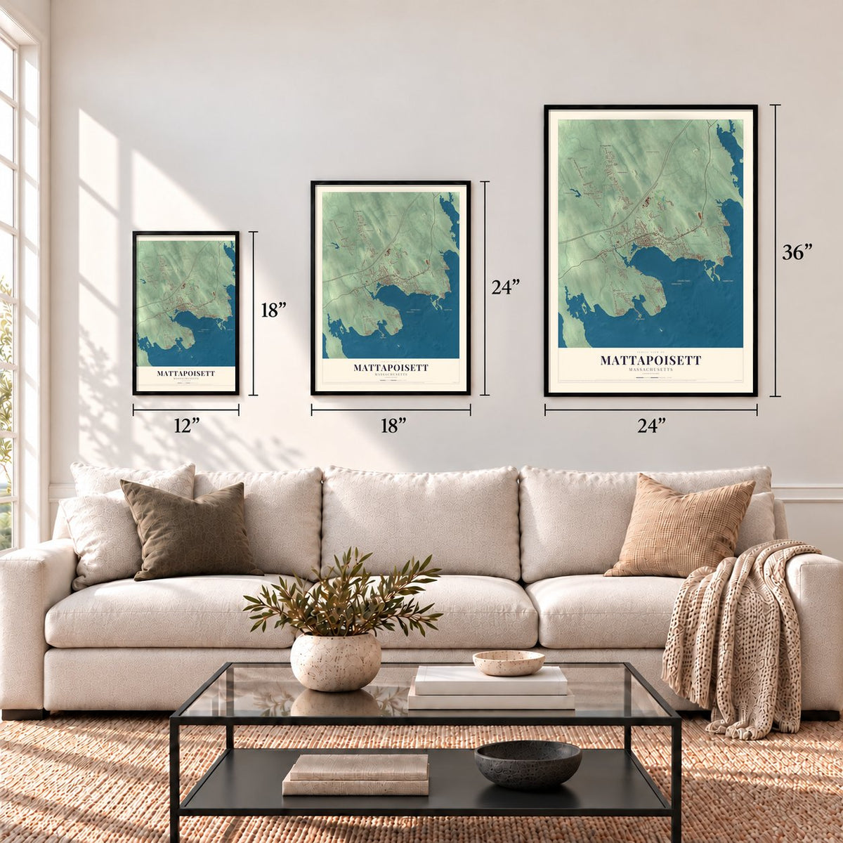 Mattapoisett, Massachusetts map in 12 x 18, 18 x 24 and 24 x 36 inch sizes above a sofa