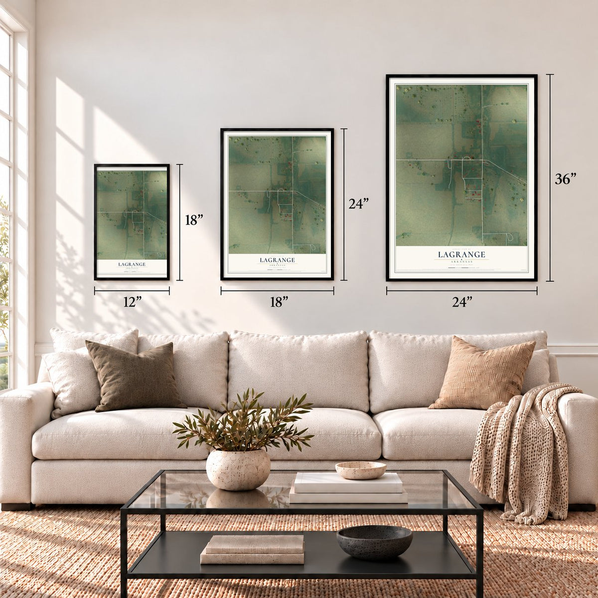 LaGrange, Arkansas map in 12 x 18, 18 x 24 and 24 x 36 inch sizes above a sofa