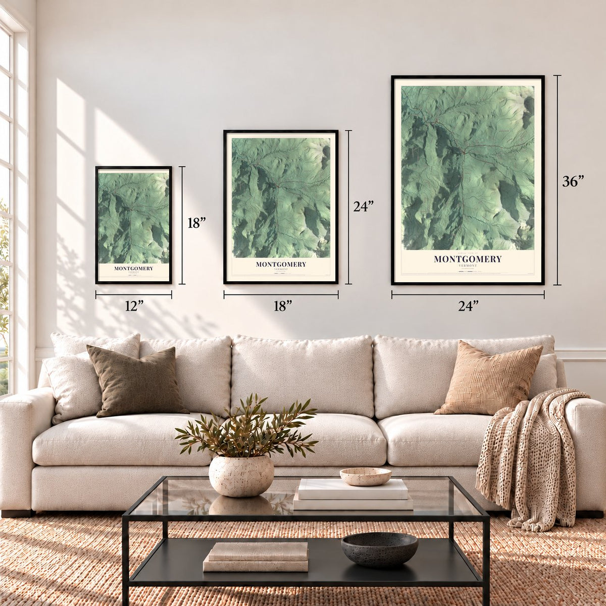 Montgomery, Vermont map in 12 x 18, 18 x 24 and 24 x 36 inch sizes above a sofa