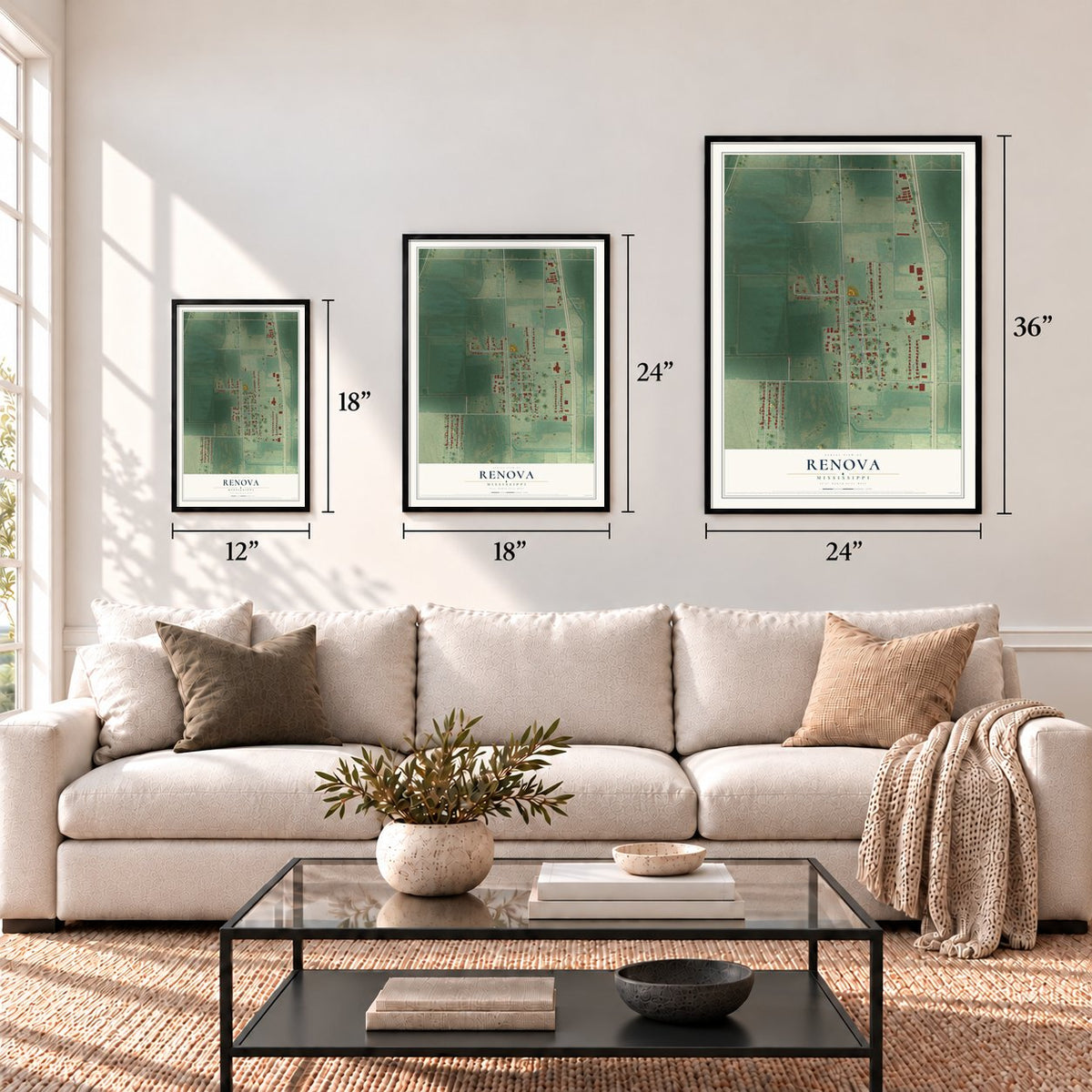 Renova, Mississippi map in 12 x 18, 18 x 24 and 24 x 36 inch sizes above a sofa
