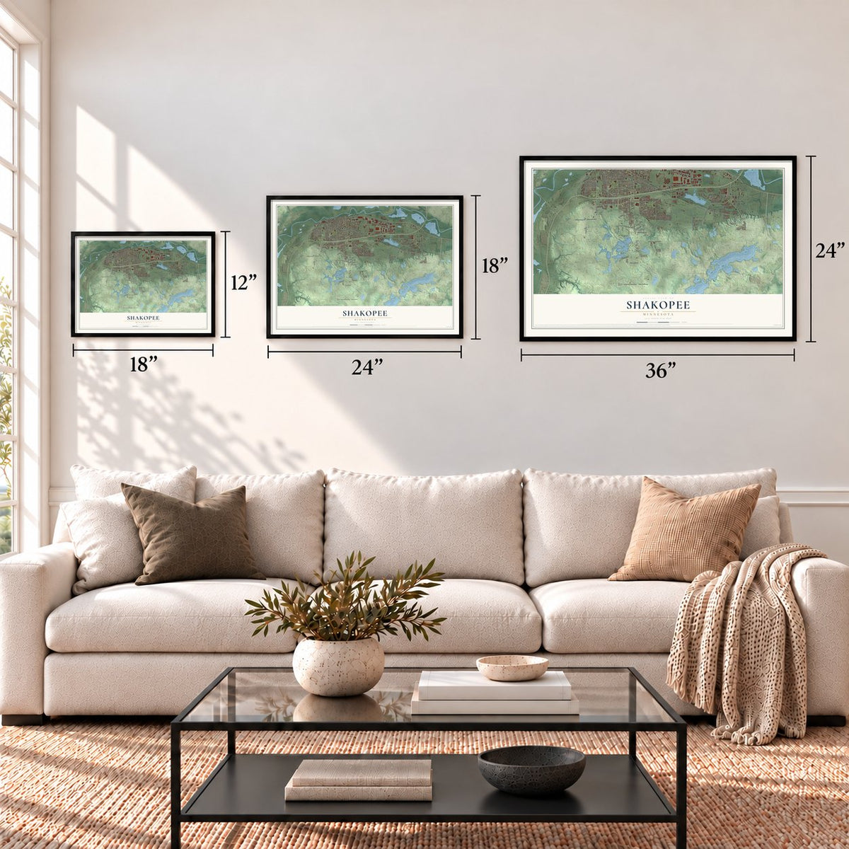 Shakopee, Minnesota map in 12 x 18, 18 x 24 and 24 x 36 inch sizes above a sofa