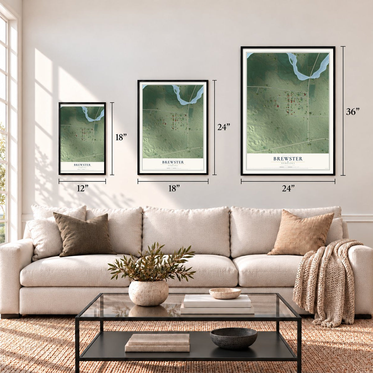 Brewster, Nebraska map in 12 x 18, 18 x 24 and 24 x 36 inch sizes above a sofa