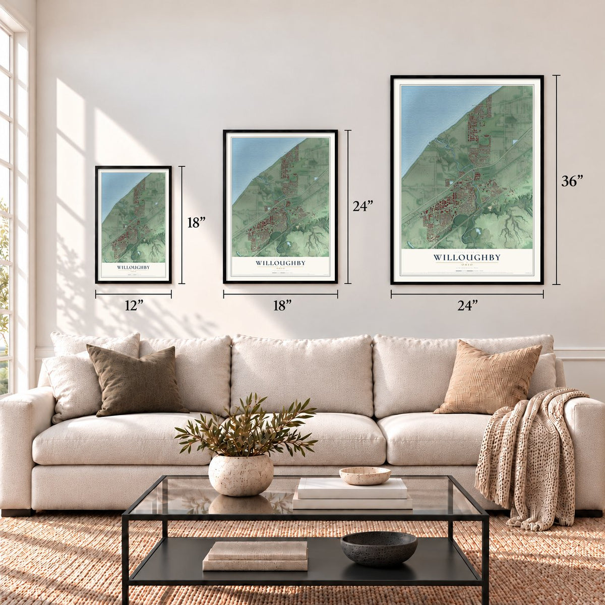 Willoughby, Ohio map in 12 x 18, 18 x 24 and 24 x 36 inch sizes above a sofa