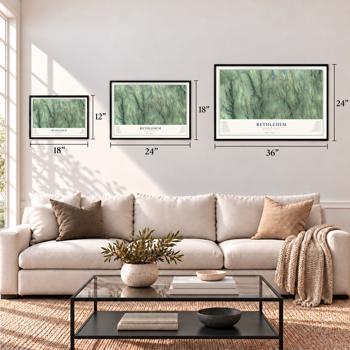 Bethlehem, Connecticut map in 12 x 18, 18 x 24 and 24 x 36 inch sizes above a sofa