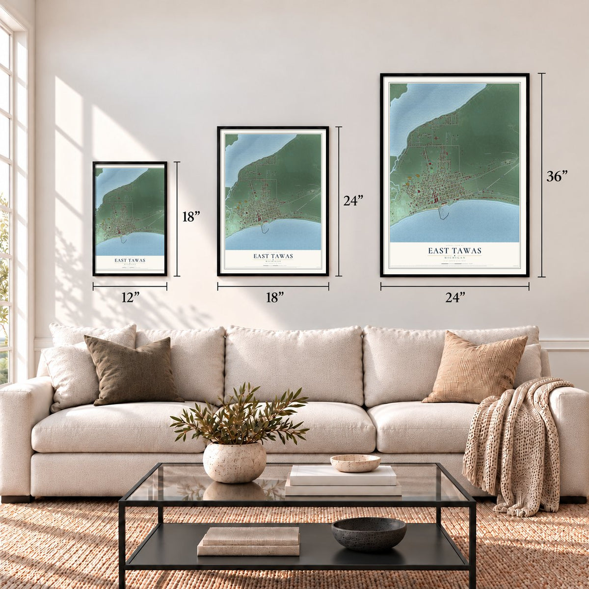 East Tawas, Michigan map in 12 x 18, 18 x 24 and 24 x 36 inch sizes above a sofa