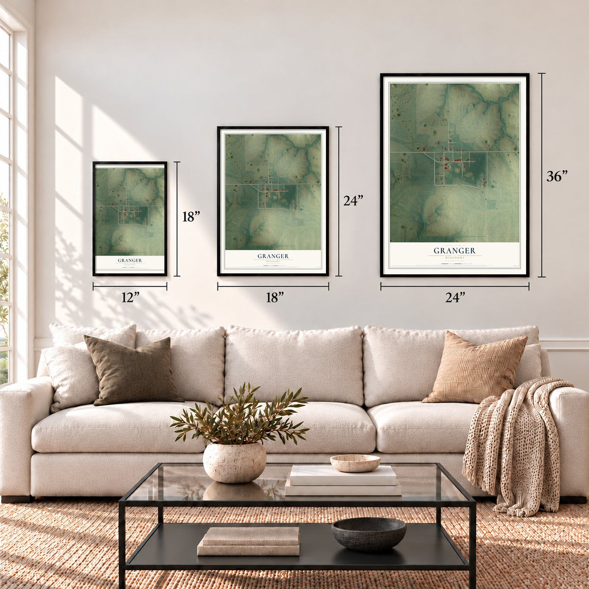 Granger, Missouri map in 12 x 18, 18 x 24 and 24 x 36 inch sizes above a sofa