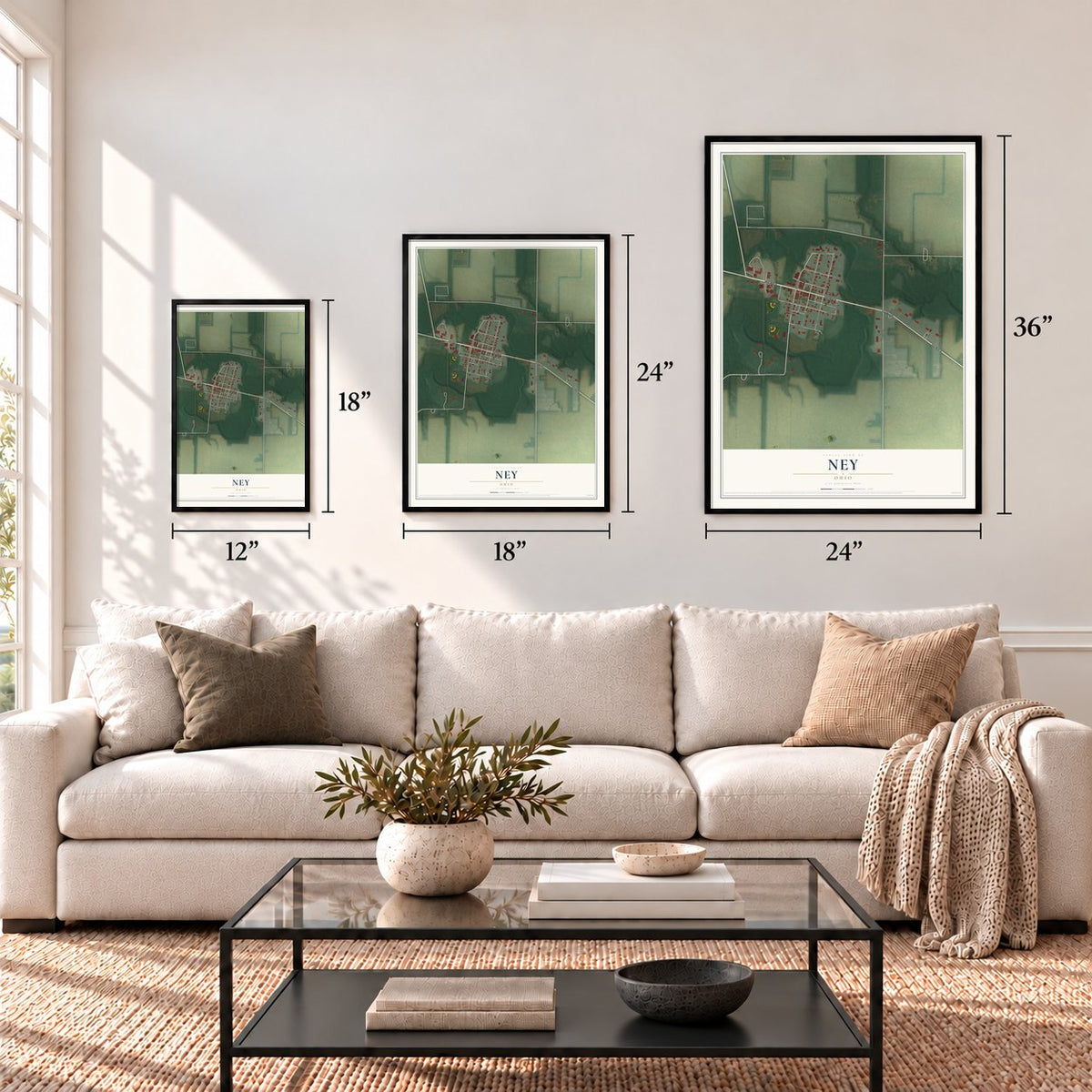 Ney, Ohio map in 12 x 18, 18 x 24 and 24 x 36 inch sizes above a sofa