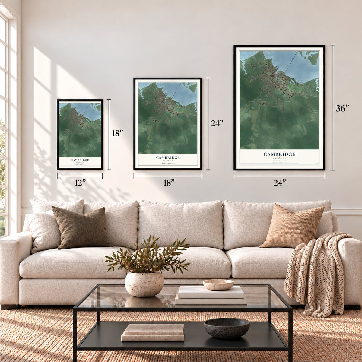 Cambridge, Maryland map in 12 x 18, 18 x 24 and 24 x 36 inch sizes above a sofa