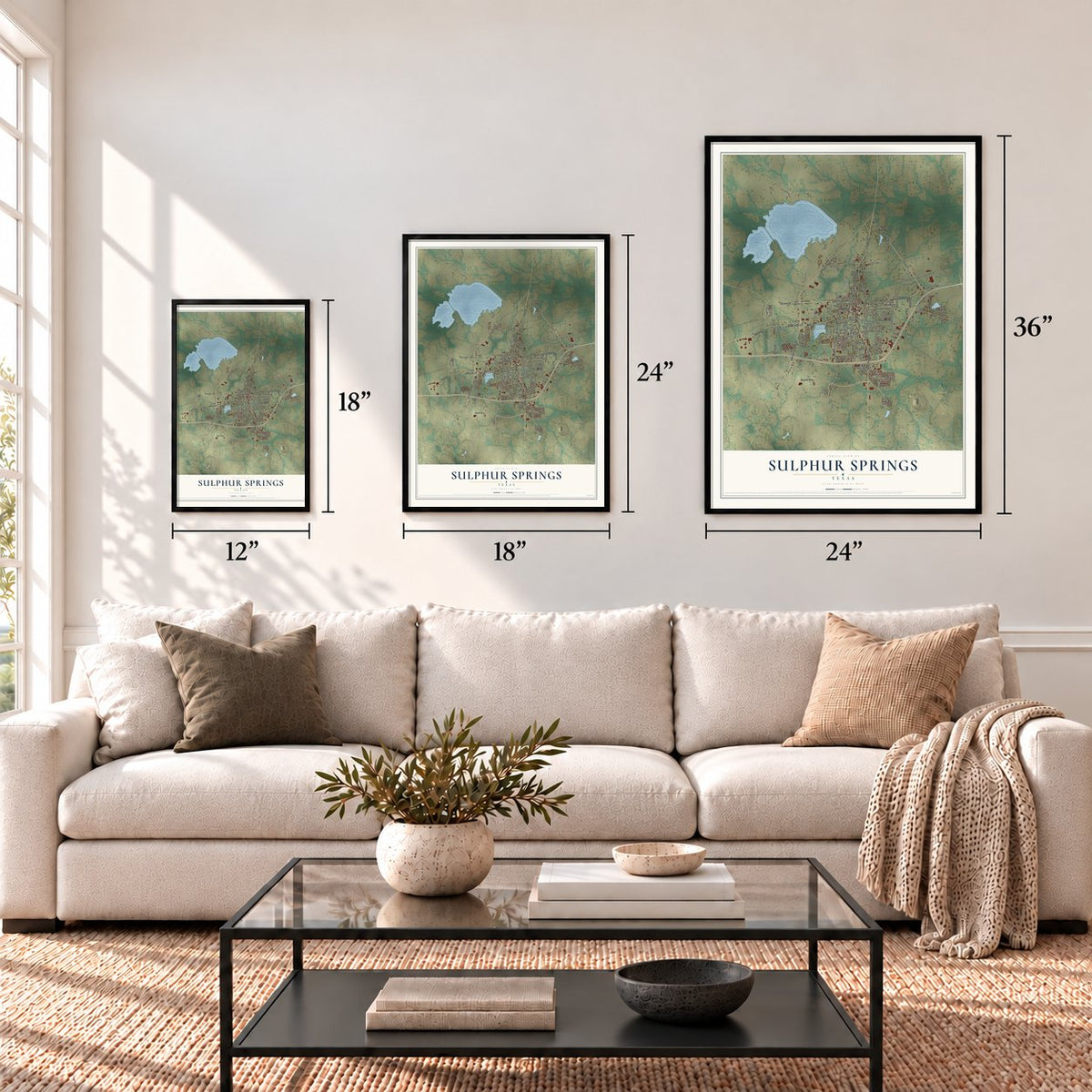 Sulphur Springs, Texas map in 12 x 18, 18 x 24 and 24 x 36 inch sizes above a sofa