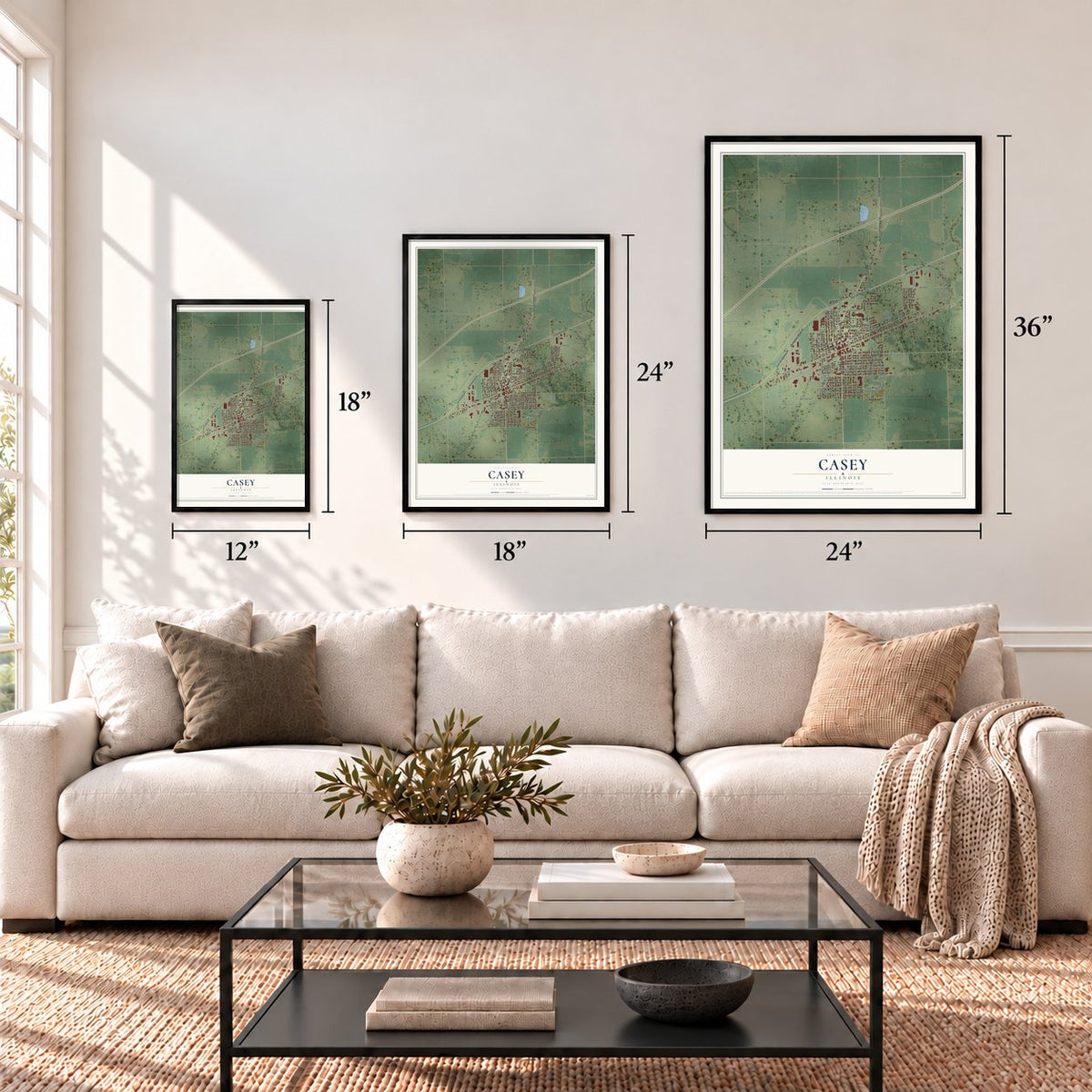 Casey, Illinois map in 12 x 18, 18 x 24 and 24 x 36 inch sizes above a sofa