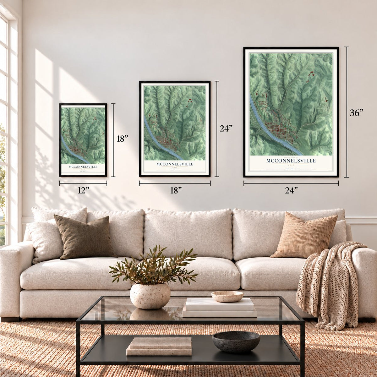 McConnelsville, Ohio map in 12 x 18, 18 x 24 and 24 x 36 inch sizes above a sofa