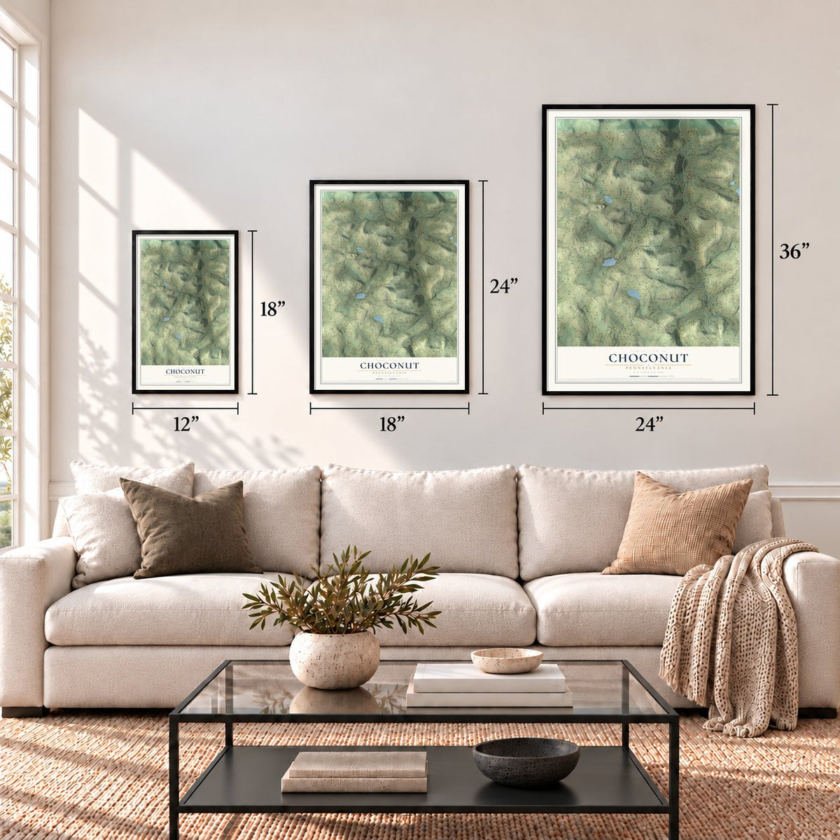 Choconut, Pennsylvania map in 12 x 18, 18 x 24 and 24 x 36 inch sizes above a sofa