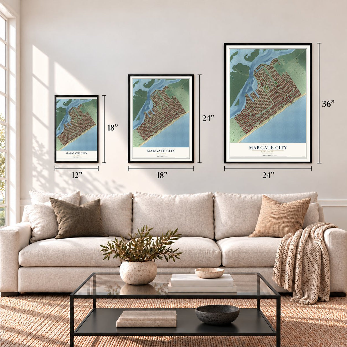 Margate City, New Jersey map in 12 x 18, 18 x 24 and 24 x 36 inch sizes above a sofa
