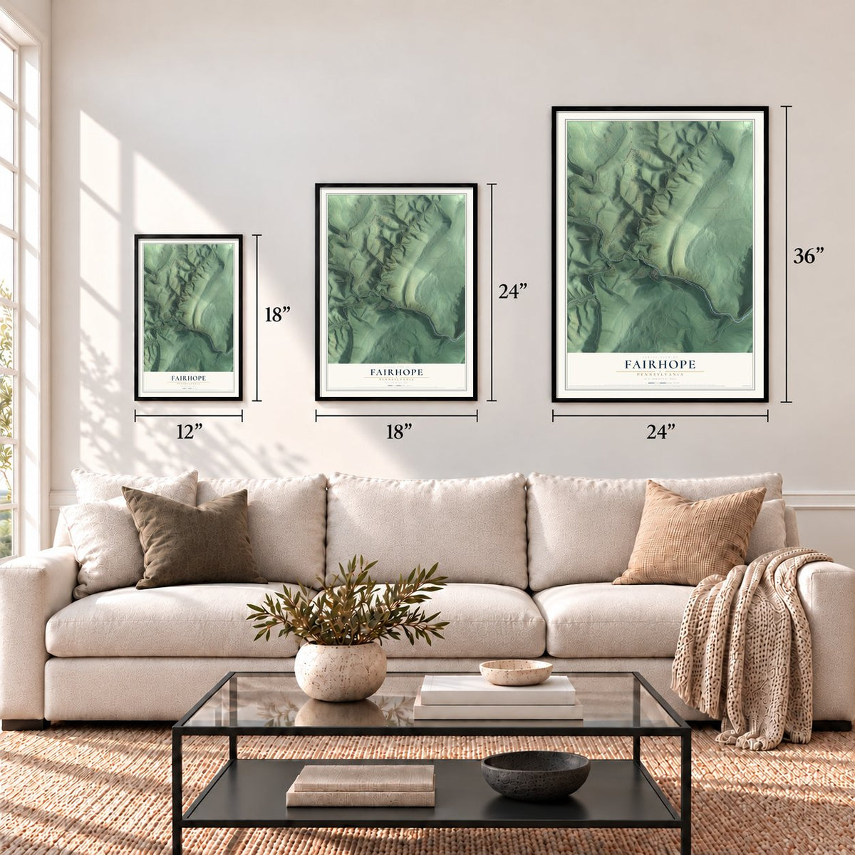 Fairhope, Pennsylvania map in 12 x 18, 18 x 24 and 24 x 36 inch sizes above a sofa