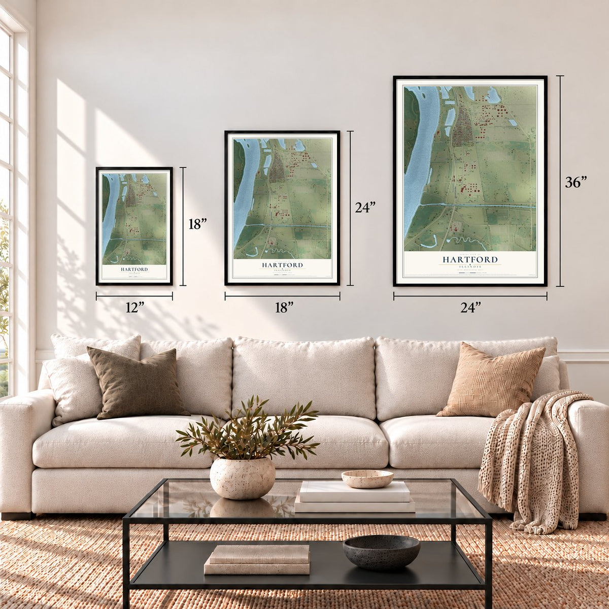 Hartford, Illinois map in 12 x 18, 18 x 24 and 24 x 36 inch sizes above a sofa
