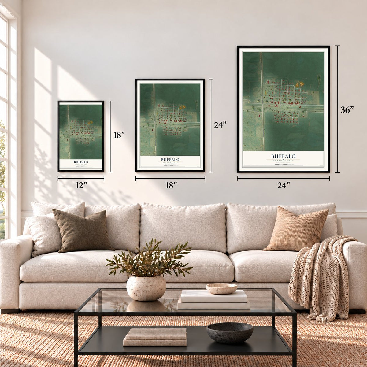 Buffalo, North Dakota map in 12 x 18, 18 x 24 and 24 x 36 inch sizes above a sofa