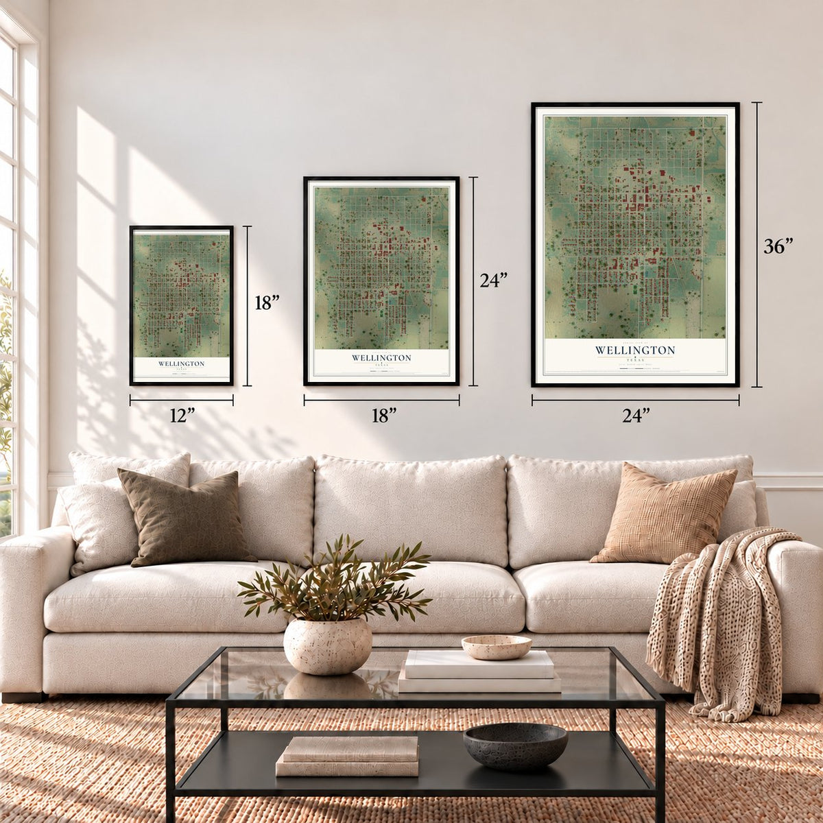 Wellington, Texas map in 12 x 18, 18 x 24 and 24 x 36 inch sizes above a sofa